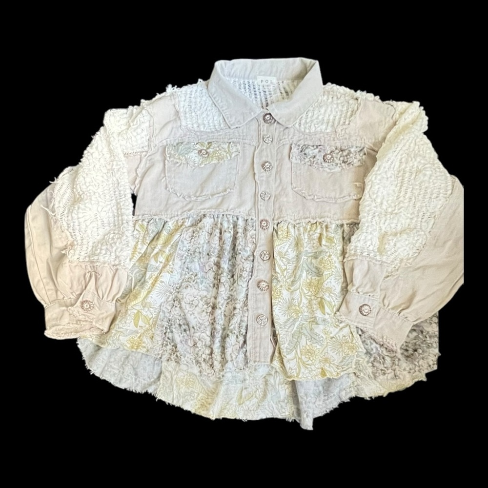 POL Cropped Floral and Denim  Button-Up